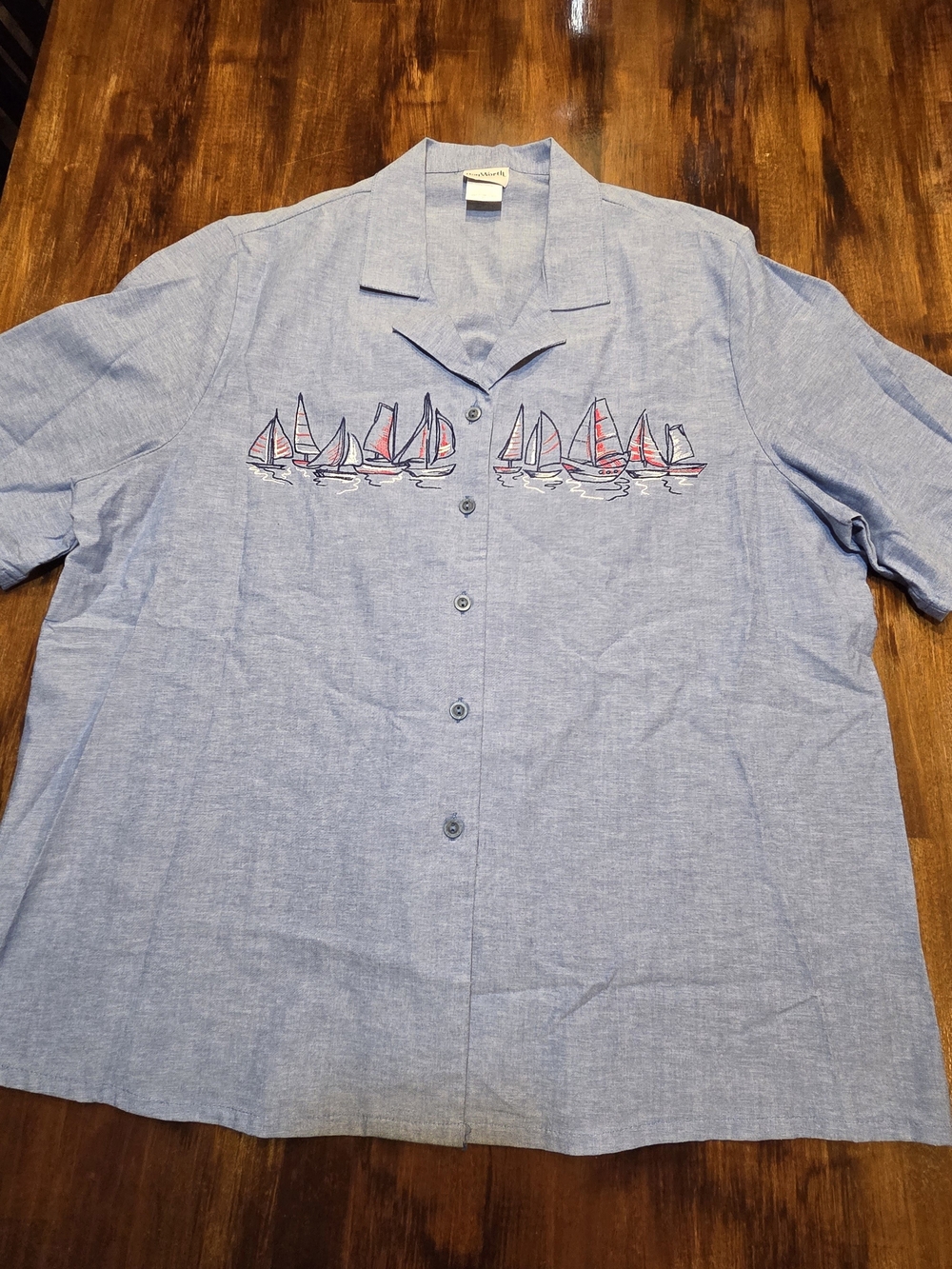 BonWorth Blue Short-Sleeve Button-Down Shirt with Sailboat Embroidery